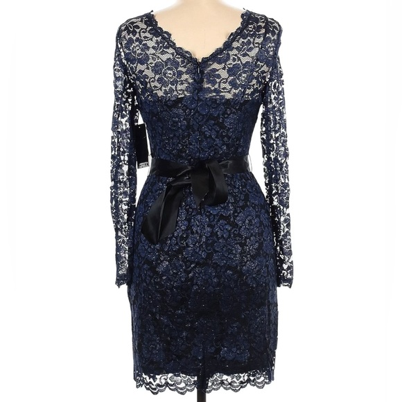 NWT Adriana Papell Navy Lace Overlay Jeweled Belted Formal Dress Gown Size 6 - Picture 4 of 13